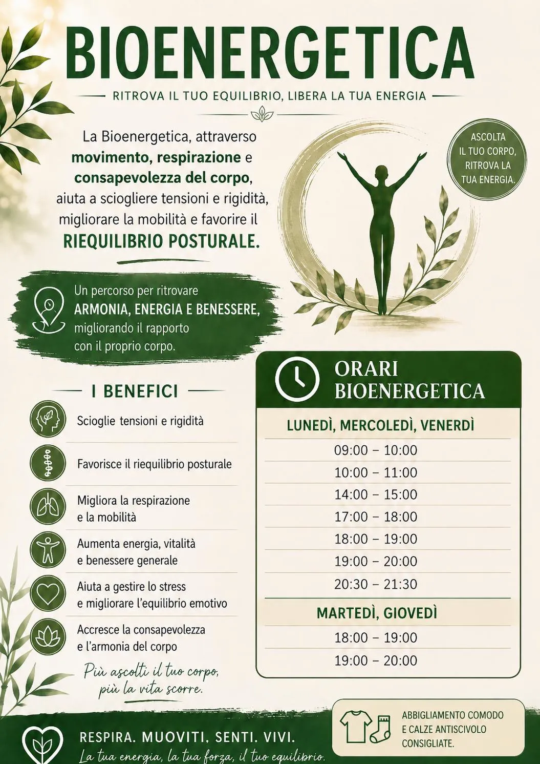 Locandina della bioenergetica a Cagliari con benefici e orari delle lezioni: lunedì, mercoledì e venerdì dalle 9:00 alle 21:30, martedì e giovedì alle 18:00 e alle 19:00